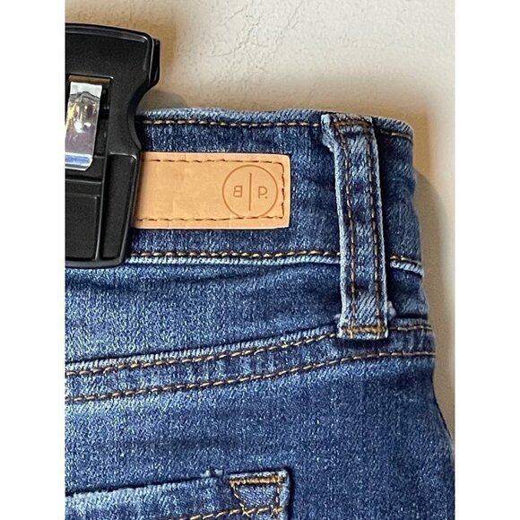 BP Denim Blue Medium Wash‎ Cotton Blend A Line Raw Hem Mini Skirt Size 28 - Picture 7 of 11